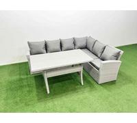 Fimous Rattan Garden Furniture Set Outdoor 6 Seater Patio Dining Corner Sofa Sets With Dining Table Light Grey Mixed