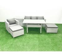 Fimous Rattan Garden Furniture Set Outdoor 6 Seater Patio Dining Sets with Glass Top Dining Table and Side Table Light Grey Mixed