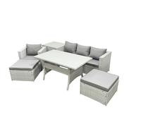 Fimous Rattan Garden Furniture Set Outdoor 6 Seater Patio Dining Sets with Glass Top Dining Table and Side Table Light Grey Mixed