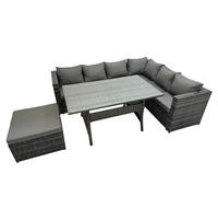 Fimous Rattan Garden Furniture Set Outdoor 7 Seater Patio Dining Corner Sofa Sets with Dining Table Big Stool Dark Grey Mixed