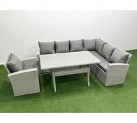 Fimous Rattan Garden Furniture Set Outdoor 7 Seater Patio Dining Corner Sofa Sets with Dining Table Chair Light Grey Mixed