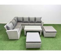 Fimous Rattan Garden Furniture Set Outdoor 8 Seater Corner Sofa Sets With Oblong Coffee Table 2 Big Footstools Light Grey Mixed
