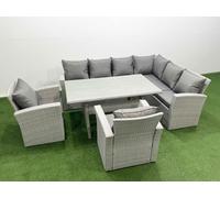 Fimous Rattan Garden Furniture Set Outdoor 8 Seater Patio Dining Corner Sofa Sets with Dining Table Chair Light Grey Mixed