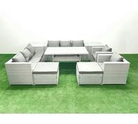 Fimous Rattan Garden Furniture Set Outdoor 8 Seater Patio Dinin g Sofa Sets with Dining Table 2 Chairs 2 Side Tables 2 Big Footstools Light Grey Mixed