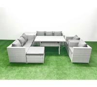 Fimous Rattan Garden Furniture Set Outdoor 8 Seater Patio Dinin g Sofa Sets with Dining Table 2 Chairs Side Table Big Footstool Light Grey Mixed