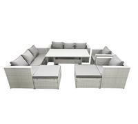 Fimous Rattan Garden Furniture Set Outdoor 8 Seater Patio Dinin g Sofa Sets with Dining Table 2 Chairs 2 Big Footstools Light Grey Mixed
