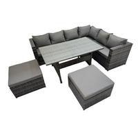 Fimous Rattan Garden Furniture Set Outdoor 8 Seater Patio Dining Corner Sofa Sets with Dining Table 2 Big Stools Dark Grey Mixed
