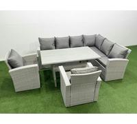 Fimous Rattan Garden Furniture Set Outdoor 8 Seater Patio Dining Corner Sofa Sets with Dining Table Chair Light Grey Mixed