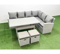 Fimous Rattan Garden Furniture Set Outdoor 8 Seater Patio Dining Corner Sofa Sets with Dining Table 2 Small Footstools Light Grey Mixed