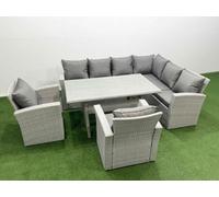 Fimous Rattan Garden Furniture Set Outdoor 8 Seater Patio Dining Corner Sofa Sets With Dining Table Chair Light Grey Mixed
