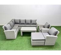 Fimous Rattan Garden Furniture Set Outdoor 9 Seater Corner Sofa Sets With Oblong Coffee Table Chair Big Footstool Light Grey Mixed