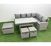 Fimous Rattan Garden Furniture Set Outdoor 9 Seater Patio Dining Corner Sofa Sets With Dining Table 3 Footstools Light Grey Mixed