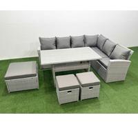 Fimous Rattan Garden Furniture Set Outdoor 9 Seater Patio Dining Corner Sofa Sets with Dining Table 3 Footstools Light Grey Mixed