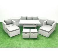 Fimous Rattan Garden Furniture Set Outdoor 9 Seater Patio Dining Sets with Glass Top Dining Table and 2 Side Tables Light Grey Mixed