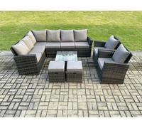 Fimous Rattan Garden Furniture Set Outdoor Lounge Corner Sofa Set With Square Coffee Table 2 Small Footstools Armchair 10 Seater Dark Grey Mixed