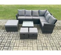 Fimous Rattan Garden Furniture Set Outdoor Lounge Corner Sofa Set With Square Coffee Table 3 Footstools 9 Seater Dark Grey Mixed