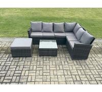 Fimous Rattan Garden Furniture Set Outdoor Lounge Corner Sofa Set With Square Coffee Table Big Footstool 7 Seater Dark Grey Mixed