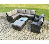 Fimous Rattan Garden Furniture Set Outdoor Lounge Corner Sofa Set With Square Coffee Table Big Footstool 2 Armchairs 9 Seater Dark Grey Mixed