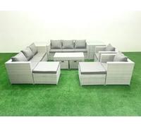 Fimous Rattan Garden Furniture Set Outdoor Lounger Sofa with Coffee Table 4 Footstools 2 Side Tables Light Grey Mixed 12 Seater