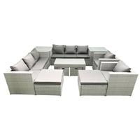 Fimous Rattan Garden Furniture Set Outdoor Lounger Sofa with Coffee Table 4 Footstools 2 Side Tables Light Grey Mixed 12 Seater Fimous Light Grey
