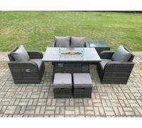 Fimous Rattan Garden Furniture Set Outdoor Patio Gas Fire Pit Dining Table and Chairs with Side Table Love seat Sofa 2 Small Footstools