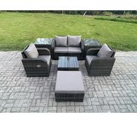 Fimous Rattan Garden Furniture Set Patio Conservatory Indoor Outdoor 7 Piece Set with Love Sofa Square Coffee Table 2 Side Tables Big Footstool