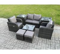 Fimous Rattan Garden Furniture Set Patio Conservatory Indoor Outdoor 8 Piece Set with Love Sofa Square Coffee Table 2 Small Footstools 2 Side Tables