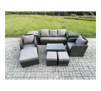 FIMOUS Rattan Garden Furniture Set - 3-Seater Lounge Sofa with Coffee Table & 3 Footstools Dark Grey