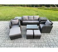 FIMOUS Rattan Garden Furniture Set - 3-Seater Lounge Sofa with Coffee Table & 3 Footstools Dark Grey