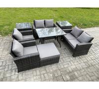 Fimous Rattan Garden Furniture Set Patio Outdoor Lounge Sofa Set With Rectangular Dining Table Double Seat Sofa 2 Side Tables