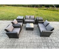 Fimous Rattan Garden Furniture Set Patio Outdoor Lounge Sofa Set with Square Coffee Table Double Seat Sofa 2 Side Tables Dark Grey Mixed