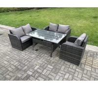 Fimous Dark Grey PE Wicker Rattan Garden Furniture Set Reclining Chair Love Sofa 2 Seater Sofa Set Outdoor Rectangular Dining Table 5 Seater