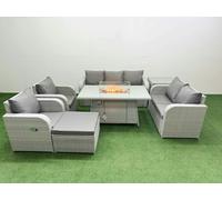 Fimous Rattan Garden Furniture Set Reclining Chair Sofa Double Love Seat 2 Seater Sofa Fire Pit Dining Table Big Footstool Side Table Light Grey