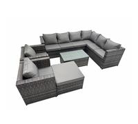 Fimous Patio Sofa Oblong Coffee Table Set Rattan Garden Furniture Set with 2 Chairs Big Stool Dark Grey Mixed