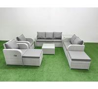 Fimous PE Rattan Garden Furniture Set Adjustable Chair Sofa Double Love Seat 2 Seater Sofa Lounge Set Square Coffee Table 2 Big Footstool Side Table Fimous Light Grey