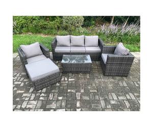 Fimous Rattan Garden Furniture Set with 3 Seater Sofa Coffee Table 2 Armchairs Big Footstool Indoor Outdoor Patio Lounge Sofa Set Dark Grey Mixed Dark Grey