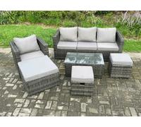 Fimous Rattan Garden Furniture Set with 3 Seater Sofa Coffee Table Armchair 3 Footstools Indoor Outdoor Patio Lounge Sofa Set Dark Grey Mixed