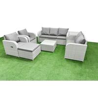 Fimous PE Rattan Garden Furniture Set Adjustable Chair Sofa Double Love Seat 2 Seater Sofa Lounge Set Square Coffee Table Big Footstool Side Table Fimous Light Grey
