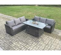Fimous Rattan Garden Furniture Set with Fire Pit Table 3 Pieces Outdoor Lounge Sofa Set Dark Grey Mixed