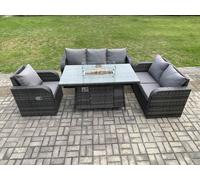 Fimous Rattan Garden Furniture Set with Fire Pit Table 6 Seater Outdoor Lounge Sofa Set Dark Grey Mixed Fimous Dark Grey