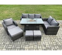Fimous Rattan Garden Furniture Set with Fire Pit Table 9 Seater Outdoor Lounge Sofa Set Dark Grey Mixed