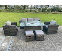 Fimous Rattan Garden Furniture Set with Gas Fire Pit Dining Table, 1 Sofa, 2 Chairs, 2 Foot Stools - Dark Grey - 7 Seater