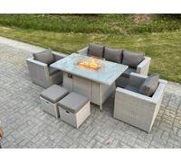 Fimous Rattan Gas Fire Pit Dining Table Set Heater Burner Chairs With 2 PC Stools in Light Grey Fimous Light Grey