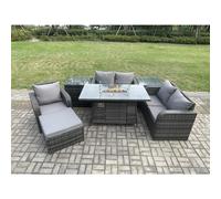 Fimous Rattan Garden Furniture Set with Gas Fire Pit Dining Table,2 Side Tables and Big Footstool Indoor Outdoor 7 piece Loveseat Sofa set
