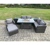 Fimous Rattan Garden Furniture Set with Gas Fire Pit Dining Table,2 Side Tables and Big Footstool Indoor Outdoor 7 piece Loveseat Sofa set