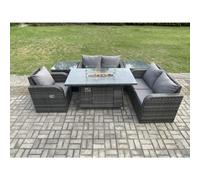 Fimous Rattan Garden Furniture Set with Gas Fire Pit Dining Table,2 Side Tables Indoor Outdoor 6 piece Love Sofa set