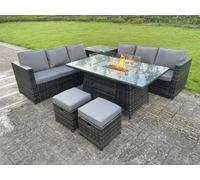 Fimous Rattan Garden Furniture Set with Gas Fire Pit Dining Table, 2 Sofas, 1 Corner Table, 2 Footstools - 8 Seater - Dark Grey