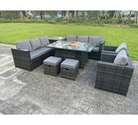 Fimous Rattan Garden Furniture Set with Gas Fire Pit Dining Table, 2 Sofas, 2 Chairs, 2 Small Footstools & Side Table - 10 Seater - Dark Grey