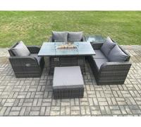 Fimous Patio Rattan Garden Furniture Set with Gas Fire Pit Dining Table,Big Footstool and Side Table Indoor Outdoor 6 piece Love Sofa set