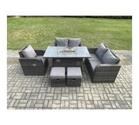 Fimous Rattan Garden Furniture Set with Gas Fire Pit Dining Table,Reclining Chair 2 Small Footstools Indoor Outdoor 6 piece Loveseat Sofa set